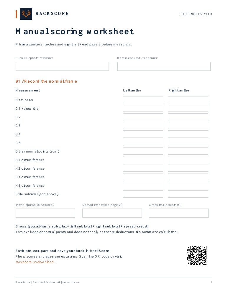 First page of the manual buck scoring worksheet